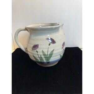 Vintage Studio Pottery Pitcher Hand Painted Floral Stoneware Creamer Vase